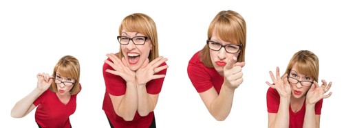 Set of female caucasian with goofy expressions isolated on a white background