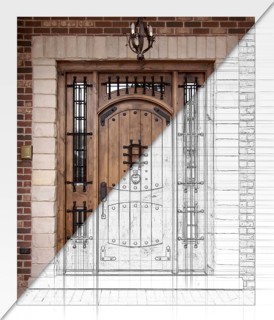Before and after of custom house front door blueprint drawing to finished construction