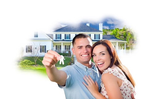Military couple with keys over house photo in cloud on white background