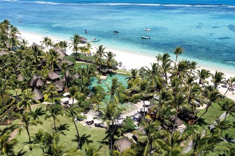 Aerial view The beach of Flic en Flac with luxury hotel and palm trees