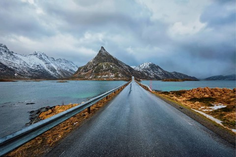Road in Norwegian fjord. Lofoten islands