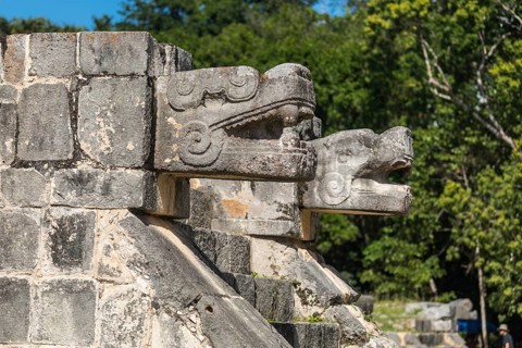 Mayan jaguar figurehead sculptures at the archaeological site in chichen itza