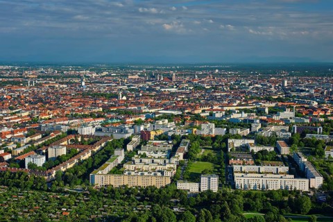 Aerial view of Munich center from Olympiaturm