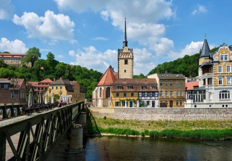 View of the church of St. Mary on the river Weisse Elster