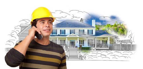 Hispanic construction worker on phone over house drawing and photo combination on white