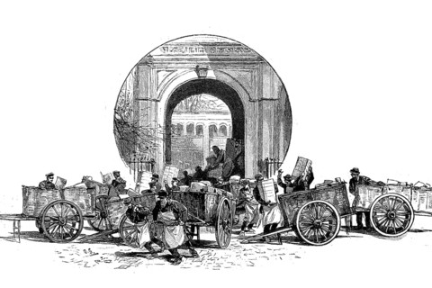 Buchhaendlerkarren vor dem Tor der Verlagshaus der Zeitschrift Gartenlaube im Jahre 1890