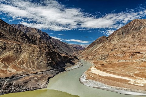 Confluence of Indus and Zanskar Rivers in Himalayas. Indus valley