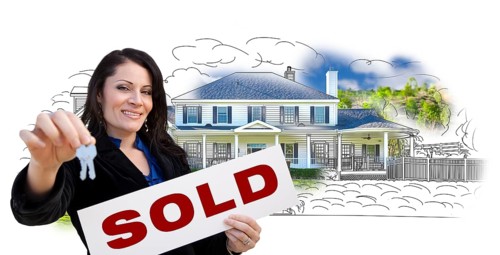 Hispanic woman holding keys and sold sign over house drawing and photo combination on white