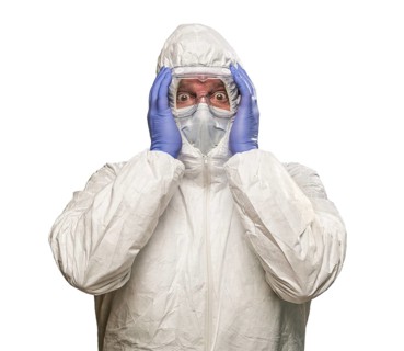 Man holding head with hands wearing HAZMAT protective clothing isolated on A white background