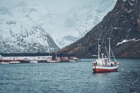 Ship fishing boat in Hamnoy fishing village on Lofoten Islands