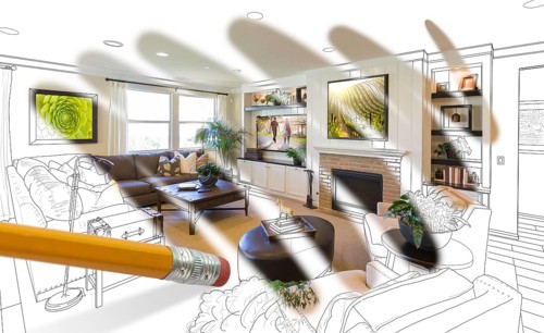 Pencil erasing drawing to reveal finished custom living room design photograph