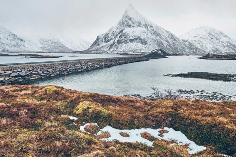 Fredvang Bridges in winter. Lofoten islands
