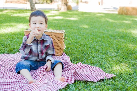 Cute young mixed-race boy sitting in park near picnic basket