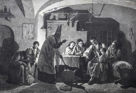 Der heilige Nikolaus besucht die Familie und fragt das Kind