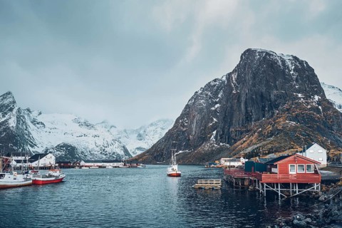 Hamnoy fishing village with ships fishing boats on Lofoten Islands