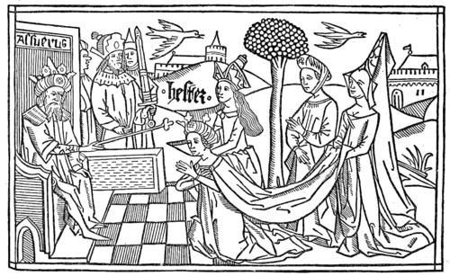 Esther kneels in front of Asverus