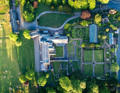 Top Down view over Torre Abbey Castle and Gardens from a drone
