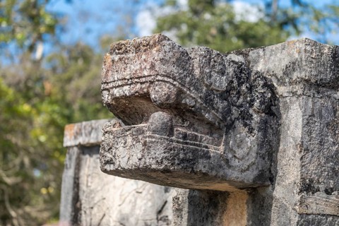 Mayan jaguar figurehead sculptures at the archaeological site in chichen itza