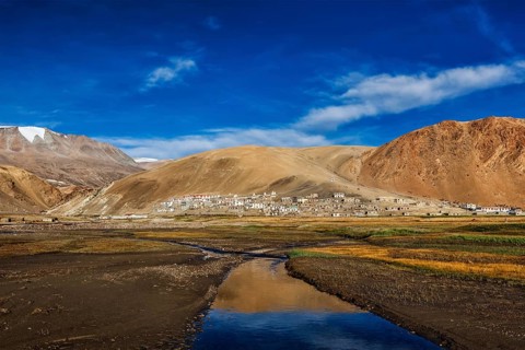 Korzok village and Himalayan lake Tso Moriri on sunrise in the morning