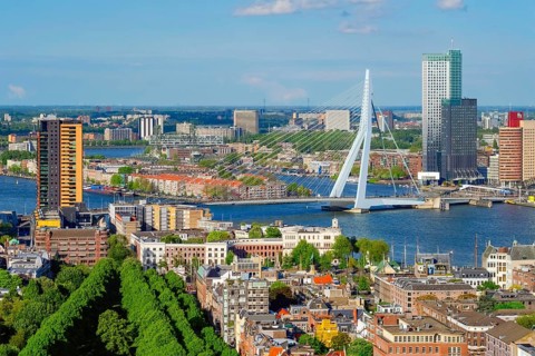 View of Rotterdam city and the Erasmus bridge Erasmusbrug over Nieuwe Maas river from Euromast