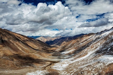 Valley and Karakorum Range on horizon. View from Khardung La pass