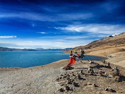 Buddhist prayer flags lungta at Himalayan lake Tso Moriri