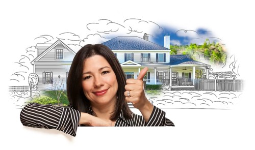 Hispanic woman with thumbs up over house drawing and photo combination on white