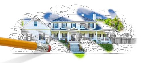 Pencil erasing drawing to reveal finished custom house design photograph