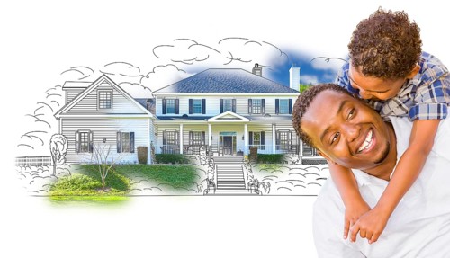 mixed-race father and son over house drawing and photo combination on white