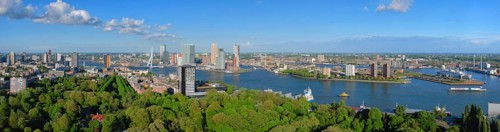 Aerial panorama of Rotterdam city and the Erasmus bridge Erasmusbrug over Nieuwe Maas river from Euromast