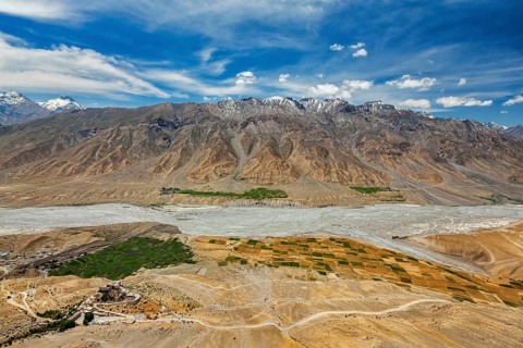 Aerial view of Spiti valley and Key gompa in Himalayas. Spiti valley