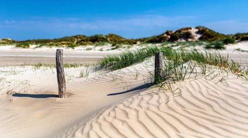Beach with wooden planks and guard house