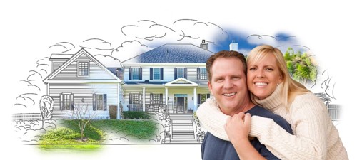 Happy hugging couple over house drawing and photo combination on white
