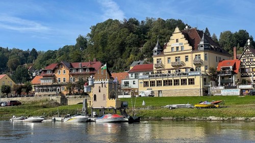 View from the Elbe ferry to the Manufaktur Hotel Stadt Wehlen and Cafe Richter