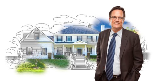 Man wearing suit and neck tie over house drawing and photo combination on white