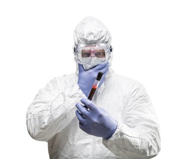 Man wearing HAZMAT protective clothing holding test tube filled with blood isolated on A white background