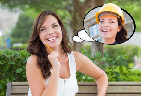 Thoughtful young woman with herself as a contractor or builder inside thought bubble