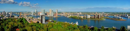 Panorama of Rotterdam city and the Erasmus bridge Erasmusbrug over Nieuwe Maas river from Euromast