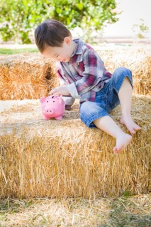 Cute young mixed-race boy sitting on hay bale putting coins into pink piggy bank