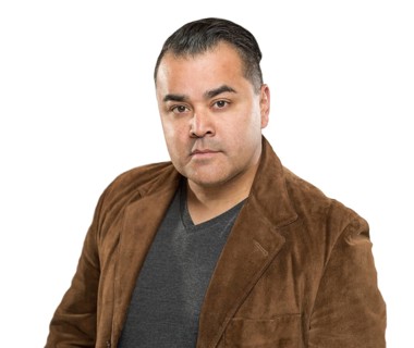 Handsome young hispanic male headshot portrait against white background