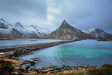 Fredvang Bridges in winter. Lofoten islands