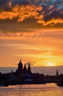 Amsterdam cityscape skyline with Church of Saint Nicholas
