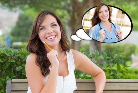 Thoughtful young woman with herself as a doctor or nurse inside thought bubble