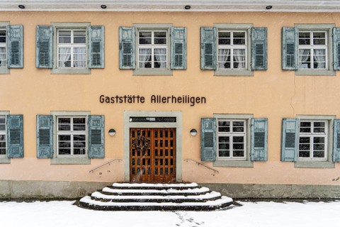 Entrance to the restaurant at All Saints' Monastery in winter