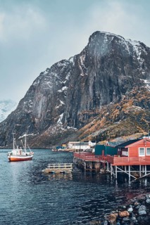 Hamnoy fishing village with ships fishing boats on Lofoten Islands