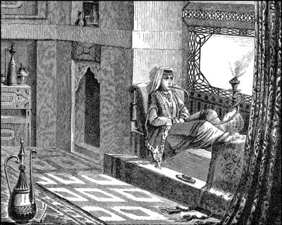 Woman with hookah in a salon in a house among the Tatars