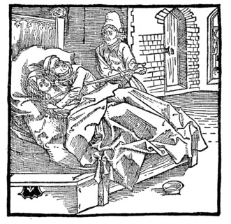 A man catches his woman with a monk and stabs them both with the sword