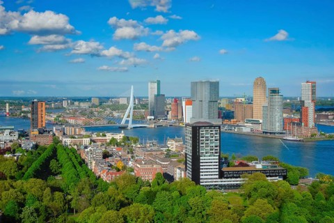View of Rotterdam city and the Erasmus bridge Erasmusbrug over Nieuwe Maas river from Euromast