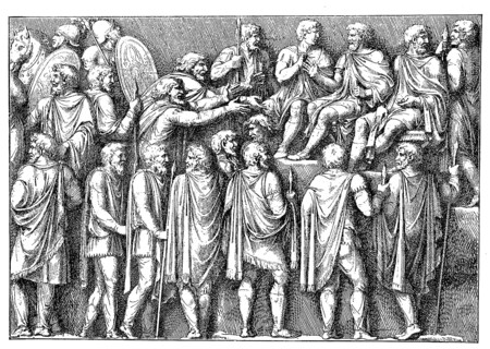 Germanic princes beg Marcus Aurelius for mercy and peace