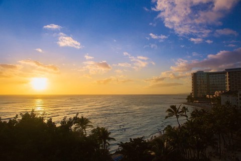 Beautiful sunset at waikiki beach in hawaii